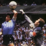 Diego Maradona with a controversial soccer goal