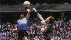 Diego Maradona with a controversial soccer goal
